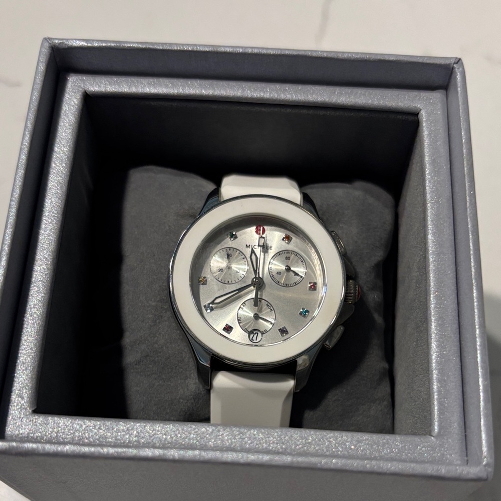 Michele Silver Watch with White Strap